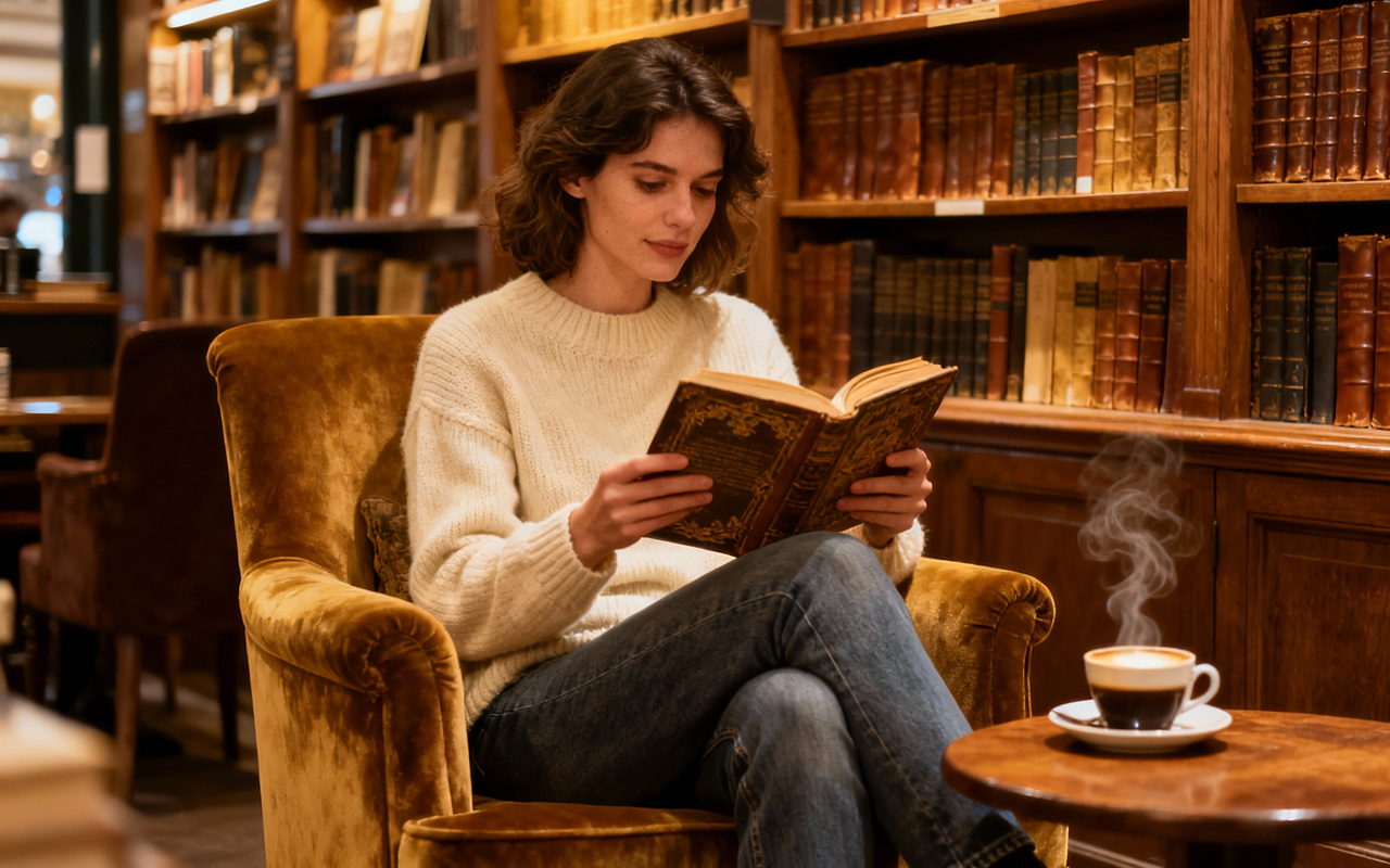 Generated image: a woman relaxing in a French bookstore