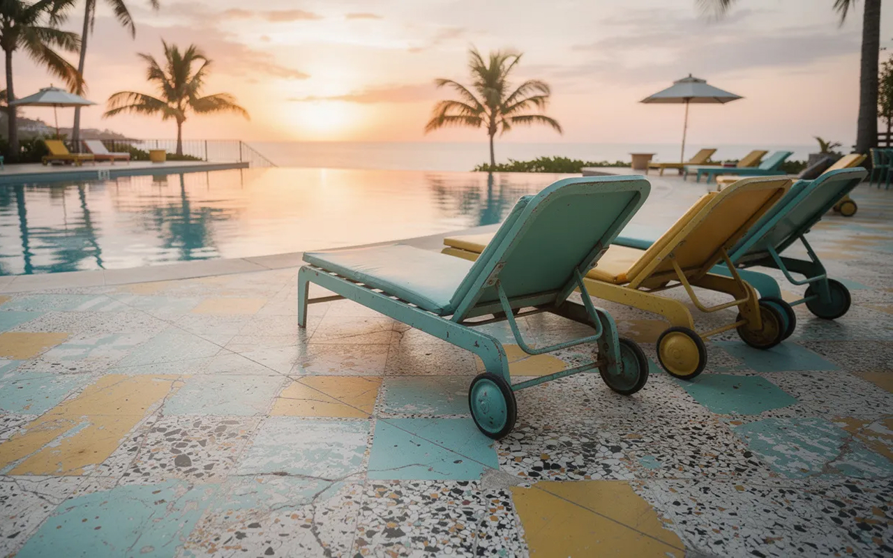 Generated image: a poolside patio at sunset with vintage lounge chairs