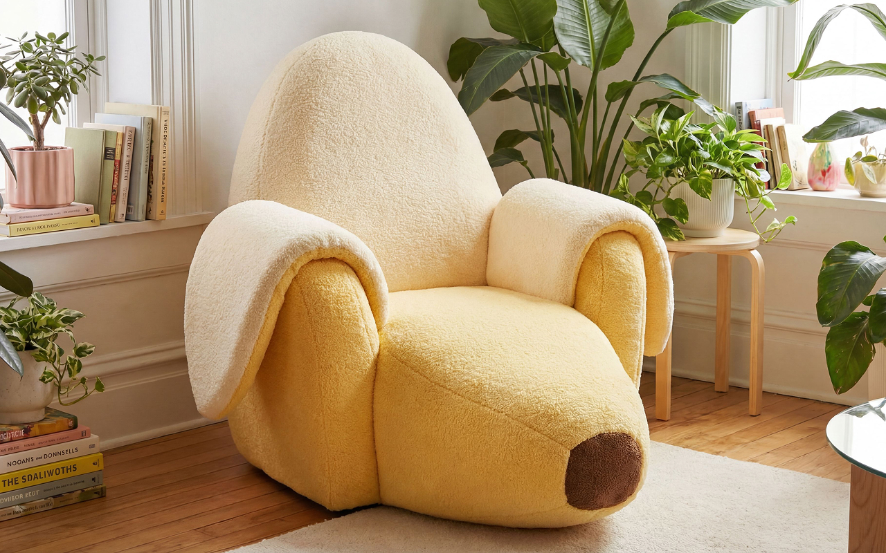 Generated image: a soft armchair shaped like a peeled banana